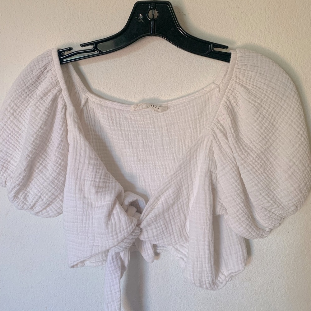 Audrey white cotton quilt tied peasant blouse balletcore puffed sleeves crop top